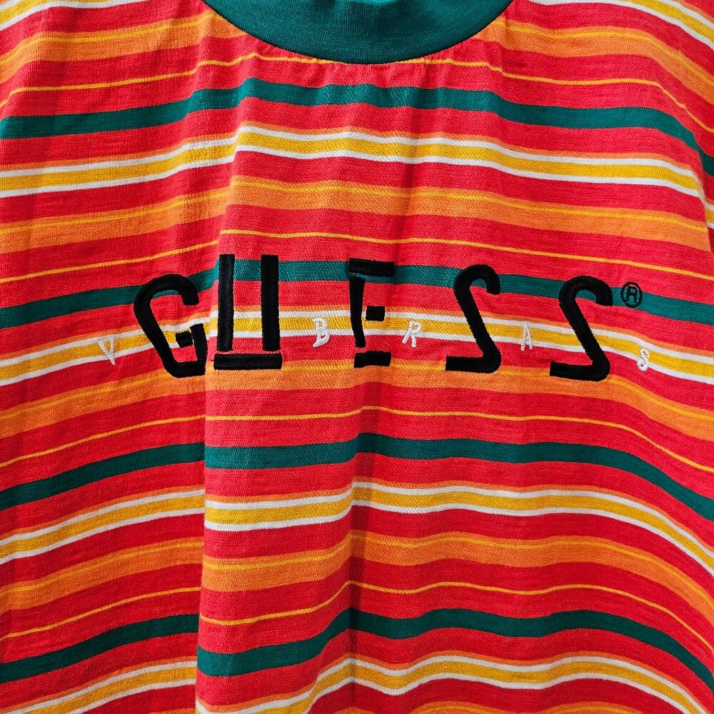 Men's GUESS x JBalvin Vibras Collection Striped Colorful Ringer T-shirt Retro MD - Picture 3 of 8